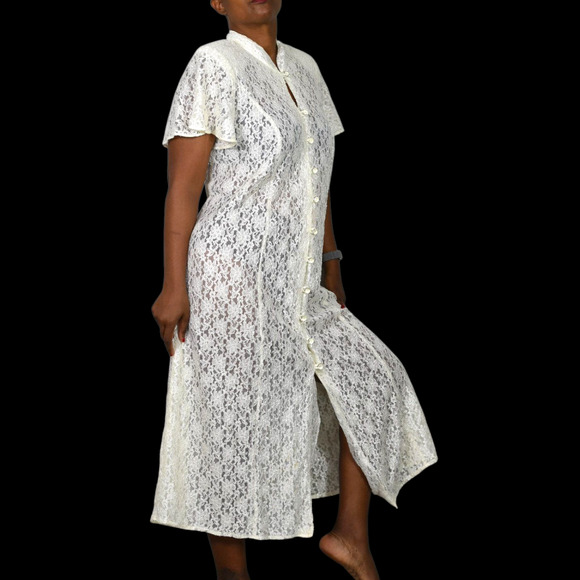Vintage Lace Midi Dress White Ivory Button Front 80s Sheer Corset Lacing Medium - Picture 3 of 16